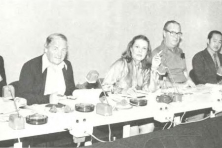 Jury Programmes de fiction. Francis ESSEX (Ecrivain), Jeanne MOREAU (Actrice, Présidente du Jury), Delbert MANN (Metteur en scène), Shoichiro SASAKI (Directeur des Programmes dramatiques, NHK)